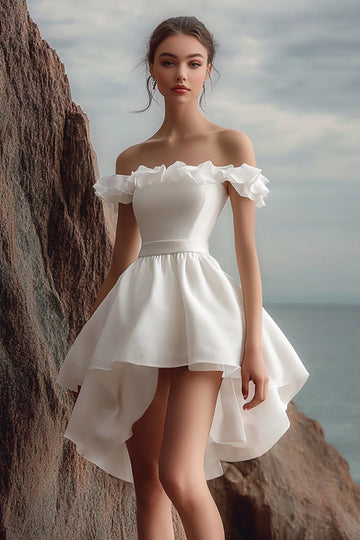 Off the Shoulder A Line White Organza Graduation Dress